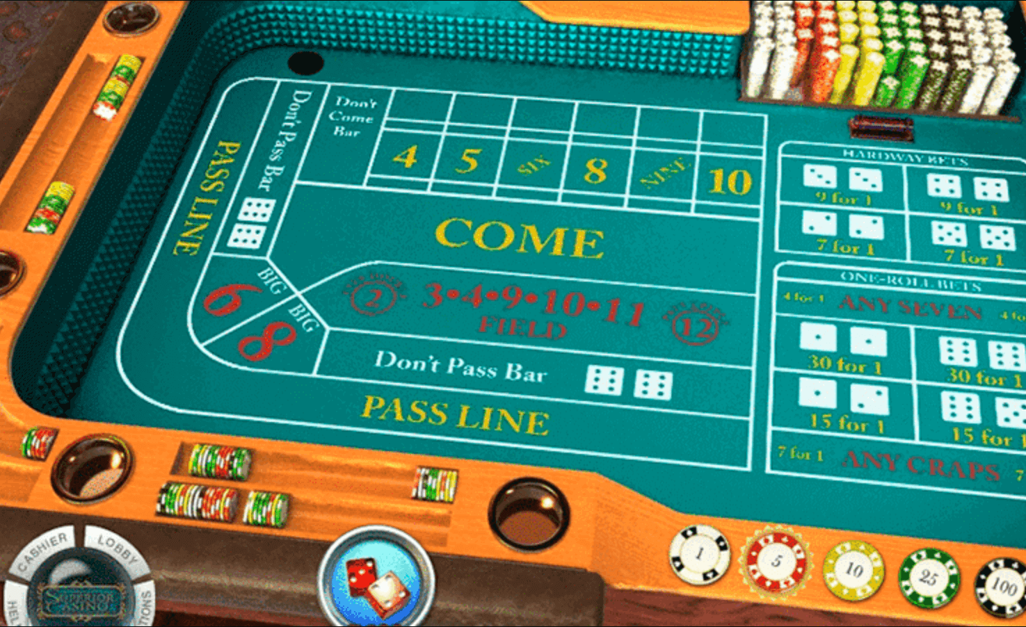screenshot of a craps table showing betting interface