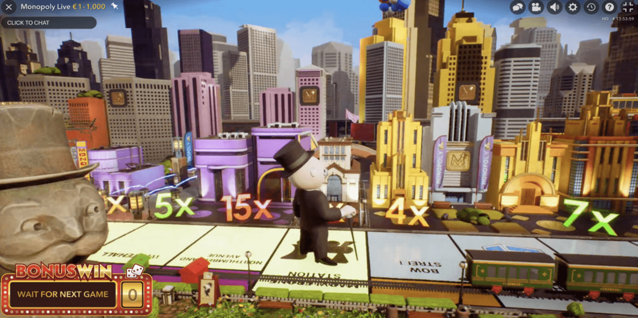 Screenshot of Mr.Monopoly walking on the bonus round board